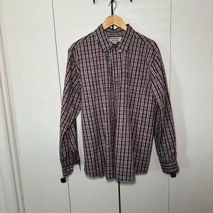 Duluth Trading Shirt Men's LG Red Blue Plaid Untucked Wrinklefighter Button Down